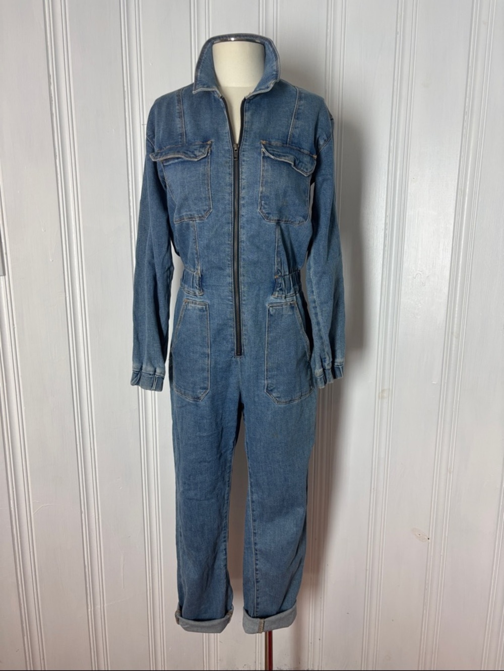 Denim Zip-Front Jumpsuit in Classic Blue